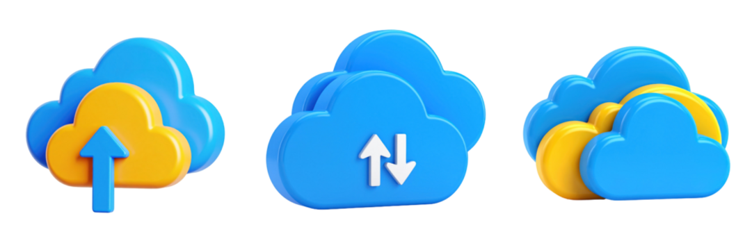 3D Plastic Style Cloud Icons for Cloud Sharing Upload and Download in Blue and Yellow with Transparent Background