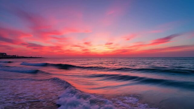 Crimson sunset ocean waves on sandy shore with distant coastline offers a serene seascape. Crimson sunset provides vibrant colors across sky and ocean, reflecting on sandy shore,