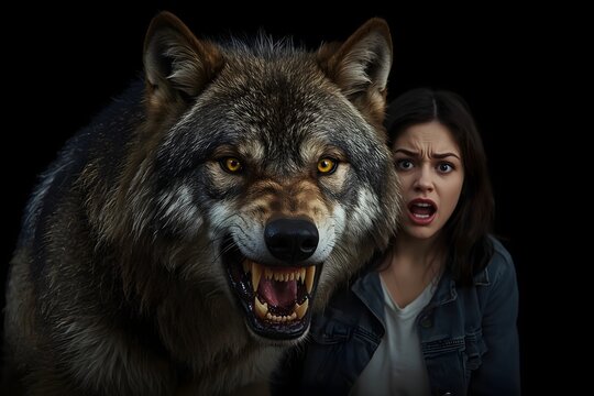 The big bad wolf and scared woman on the black background