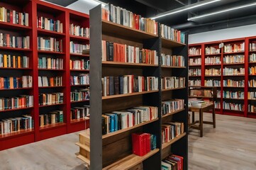Bookstore shelf with pile of new books with red empty plate. New arrivals at bookshop. Presentation of book.