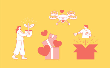 Cartoon girl illustration with flowers and a gift box, celebrating a fun holiday