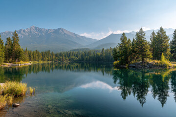 in heart of alberta lies stunning summer landscape featuring pristine lake reflecting azure sky
