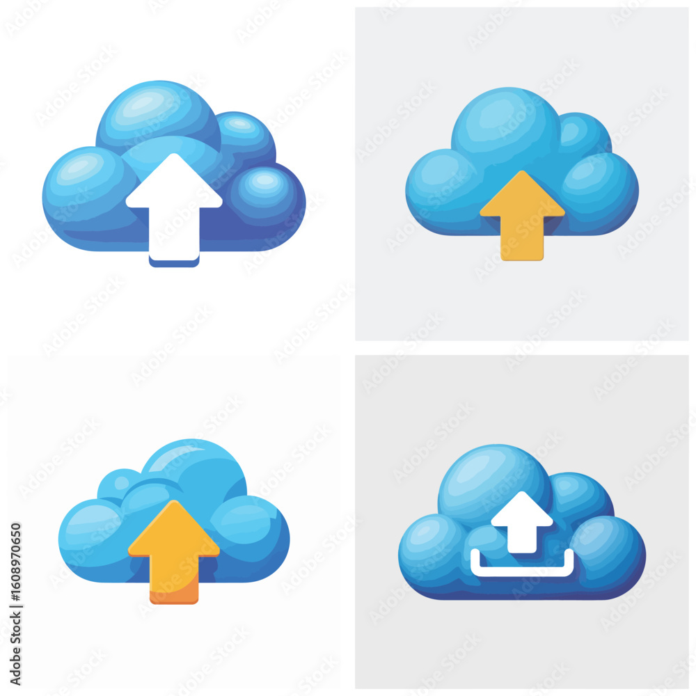 Poster four 3 d rendered blue cloud upload icons with variations in arrow color and style on white and gray