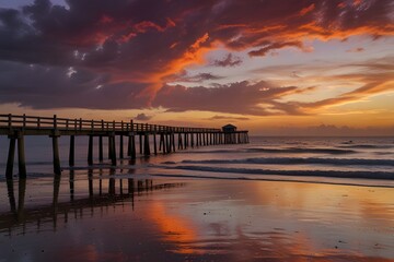 Sunset or sunrise landscape, panorama of beautiful nature, beach with colorful red, orange and purple clouds reflected