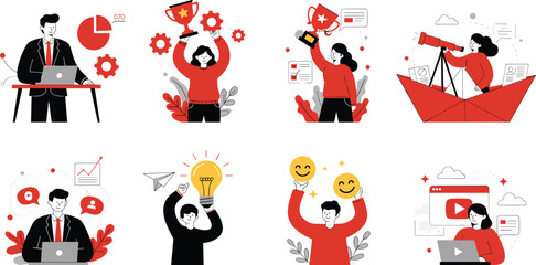 Business Success and Innovation Concepts: People Achieving Goals, Generating Ideas, Analyzing Data, and Embracing Digital Marketing Strategies.