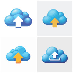 Obraz premium Four 3 D Rendered Blue Cloud Upload Icons with Variations in Arrow Color and Style on White and Gray Backgrounds