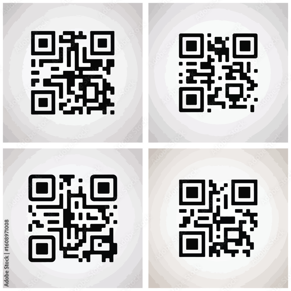 Aufkleber four black and white q r code icons on a light gray background digital design element set
