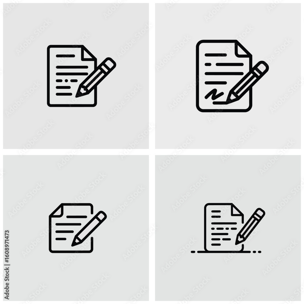 Poster four black line icons depicting document and pencil variations document editing signature note takin