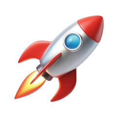 Cartoon rocket ship emoji with red fins and blue window on a transparent background with flames