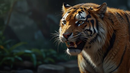 Obraz premium Powerful tiger portrait, showing its teeth, against a soft, blurred background of greenery
