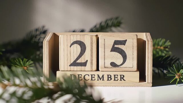 Wooden block calendar showing the date of December 25, surrounded by evergreen fir branches for the Christmas holiday.
