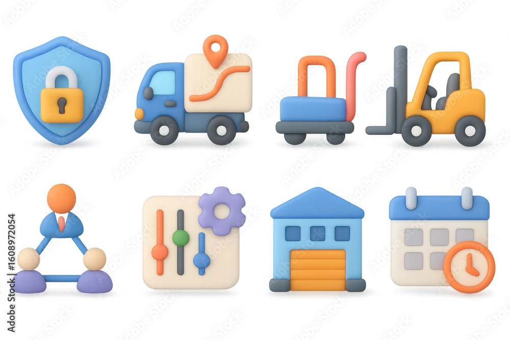 Poster 3d icon set of logistics and security elements with business and calendar design