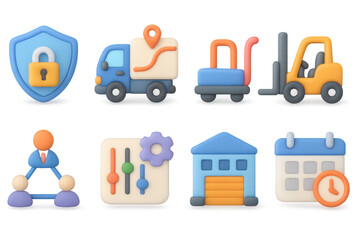 Naklejka premium 3d icon set of logistics and security elements with business and calendar design