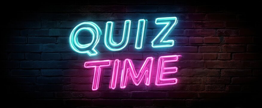 Neon sign illuminates a brick wall, announcing quiz time with vibrant blue and pink lights, creating a fun and engaging atmosphere.