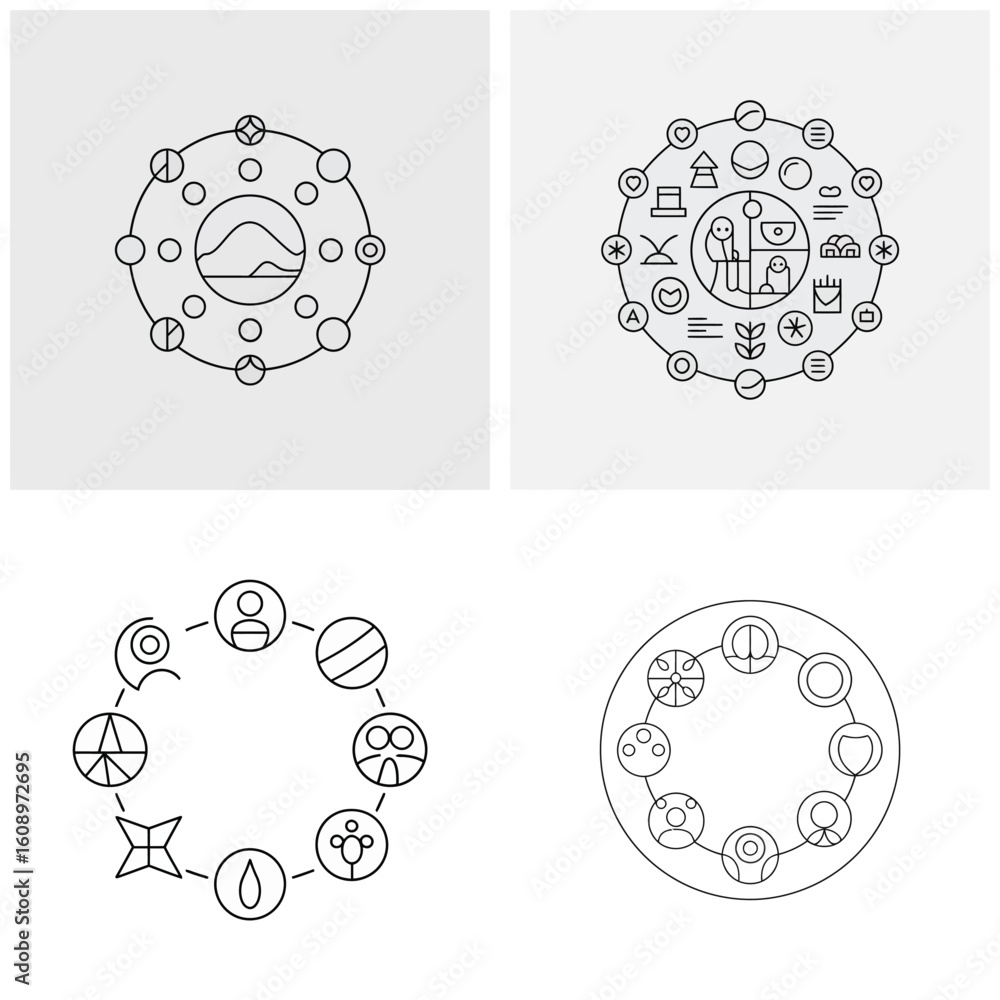 Poster four circular line art designs featuring interconnected symbols icons and abstract elements minimali