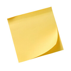 Single yellow sticky note isolated on a plain background with a slight curl on one corner