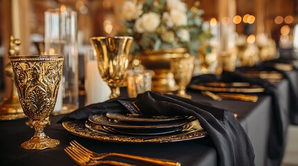Elegant black and gold wedding table setting reception barn event or upscale dinner party aesthetic luxury celebration