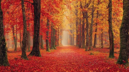Fototapeta premium Red Autumn Forest Path Landscape Photography