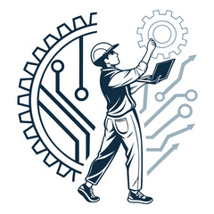 Man with Bicycle and Wrench Vector Illustration in Silhouette Style