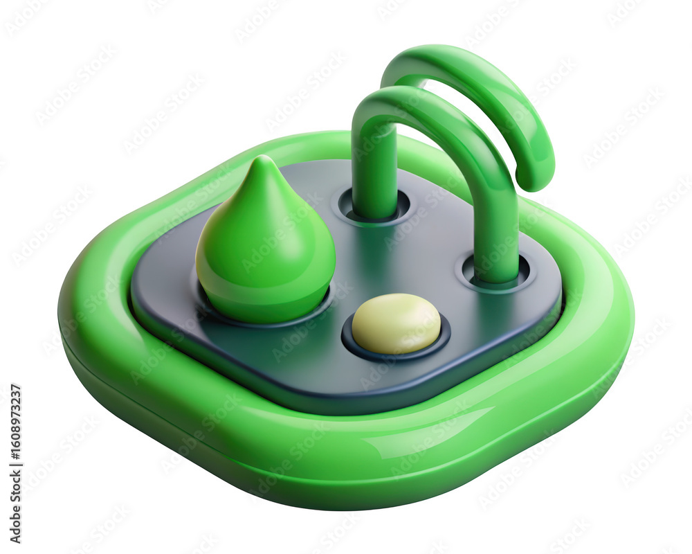 Poster abstract 3d rendered object in green and yellow on dark background an isometric view playful design