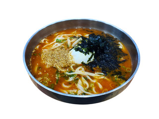 Traditional Korean Spicy Kalguksu Noodle Soup with Soft Handmade Noodles Fresh Vegetables and Seaweed Topping