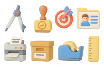 Colorful office tools set in 3d cartoon style for creative projects