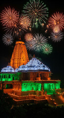 15 august independence day dramatic sunset sky, indianflag,military soldiers walking on night, with bright orange and green lights highlighting the structurethe temple, a spectacular fireworks display