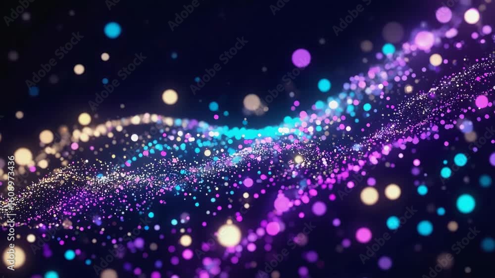 Poster abstract background with colorful particles flowing and forming a wavy shape, creating a mesmerizing