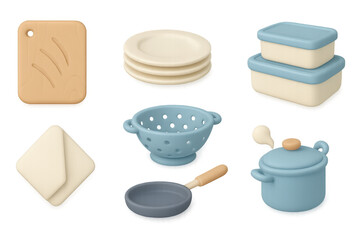 Modern 3d kitchen utensils set with soap, sponge, and containers