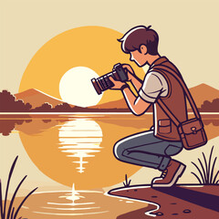 Photographer Capturing Golden Sunset Over Calm Lake With Mountain Silhouette and Reflections