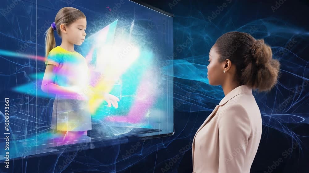 Poster scientist is pointing at a holographic projection of a child, manipulating data and information usin
