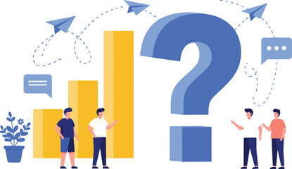 Business Uncertainty and Problem Solving, with People Analyzing Bar Charts and Discussing Solutions to Complex Questions for Growth.