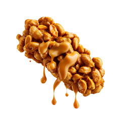 Deliciously gooey caramel peanut bar with dripping sauce isolated on transparent background