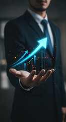 Futuristic glowing arrow symbolizing growth and leadership. Person in dark suit holding a luminous blue arrow. Digital illustration of progress and innovation.