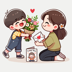 Cartoon Little Boy Giving Flowers and a Letter To Woman