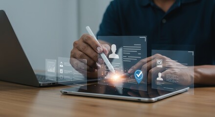 HR professional using stylus on tablet with digital employee profiles. Modern workforce management and data analysis. Tech-driven HR solutions with transparent interface.