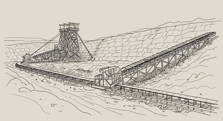 Open Pit Mine with Conveyor Belt and Mining Tower in Mountainous Landscape