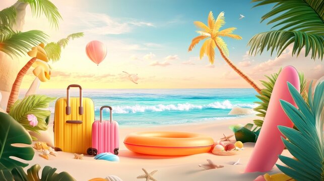 Summer vector poster background design. Hello summer greeting text with beach elements like luggage, floater, and surfboard for travel outdoor decoration