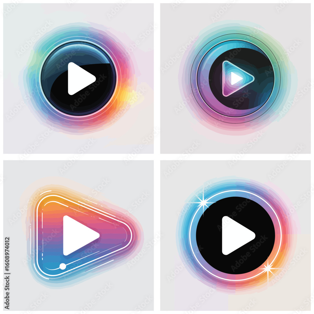 Poster four colorful play buttons digital media interface elements rainbow gradient neon glow effects moder
