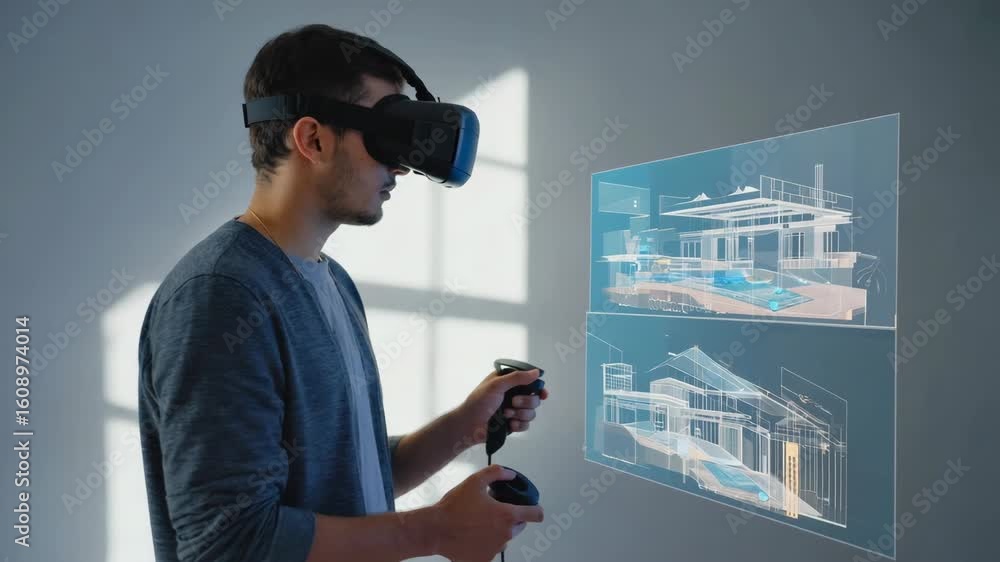 Poster Innovative architect wearing a vr headset and using controllers to interact with architectural plans displayed on a virtual screen, exploring a cutting-edge design process