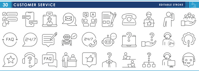 A set of line icons related to Customer Service and Support. Service, call, mail, feedback, ask, chatbot, written, FAQ, like, reception, and so on. Vector editable stroke.