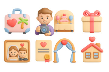 Obraz premium 3d wedding icons set: cake, gifts, travel, photography, home, certificate