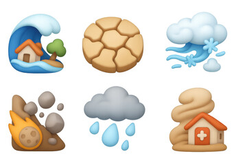 3d icons of natural disasters: flood, drought, snowstorm, meteor, rain, tornado