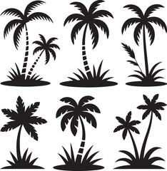 Fototapeta premium Island Landscape Silhouettes – Palm Trees, Coastal Plants, Grass and Tropical ElementsIsland Landscape Silhouettes – Palm Trees, Coastal Plants, Grass and Tropical Elements
