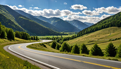 Naklejka premium Le paysage montagneux avec route sinueuse et arbres en fond.