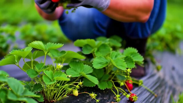 Hand picking ripe strawberries from a garden patch on a sunny day footage