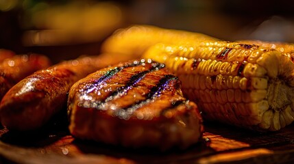 Sausages, corn on the cob, and steaks grilled outdoors in close-up, cooked over open fire with golden-brown texture, blurred background, soft focus, warm sunlight for inviting summer grilling.