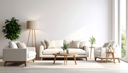 Minimalist living room with white sofa, armchairs, and wooden accents