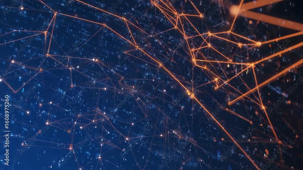 Poster complex network visualization showcasing interconnected data points, symbolizing global communicatio