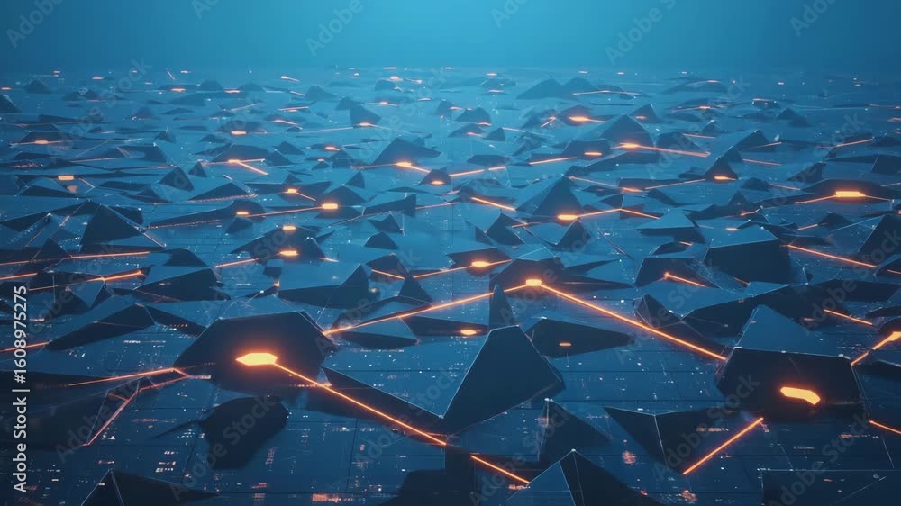 Poster orange lines connecting triangular shapes create a vibrant, futuristic landscape illuminated by a bl